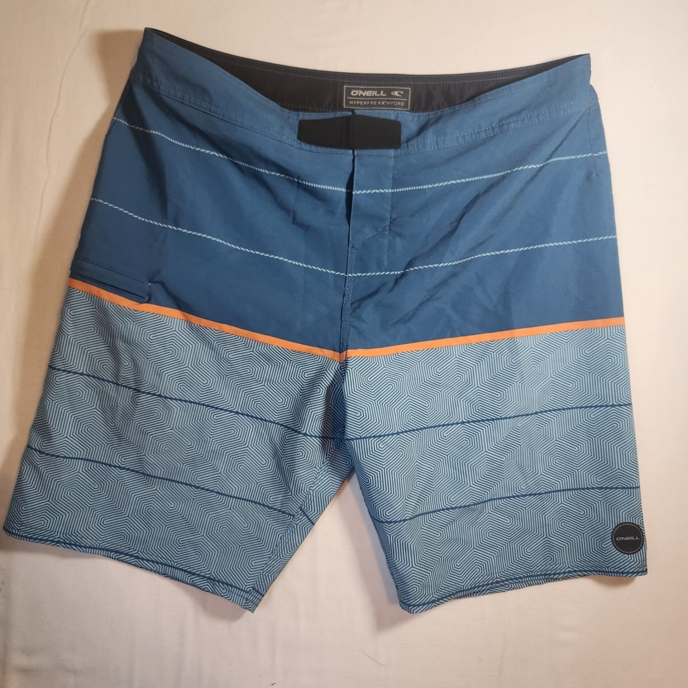 ONeill Hyperfreak Hydro Board Shorts Mens 34 Blue Orange Geometric No Tie Fly